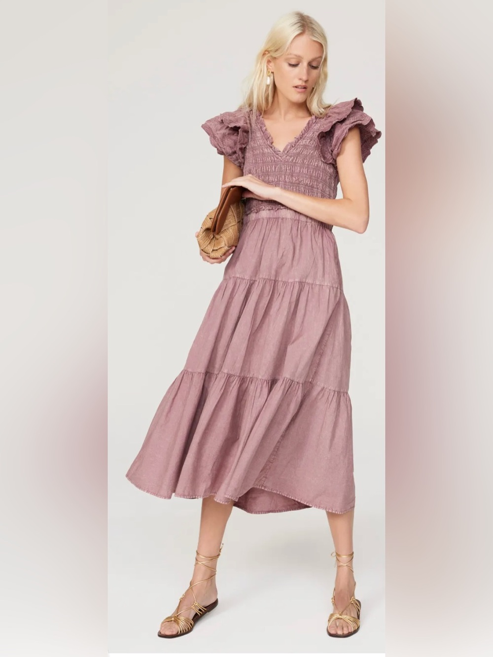 Sea New York Heidi Smocked Midi Dress Mauve Flutter Sleeve-6-MSRP $425